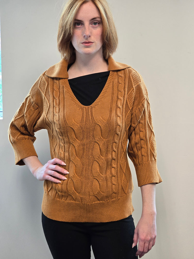 Cable Pullover with V-neck and Collar