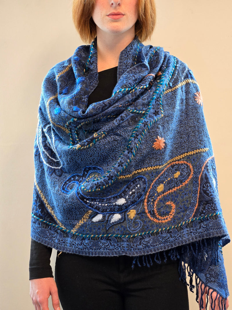 Brushed Boiled Wool Shawl with embroidery.