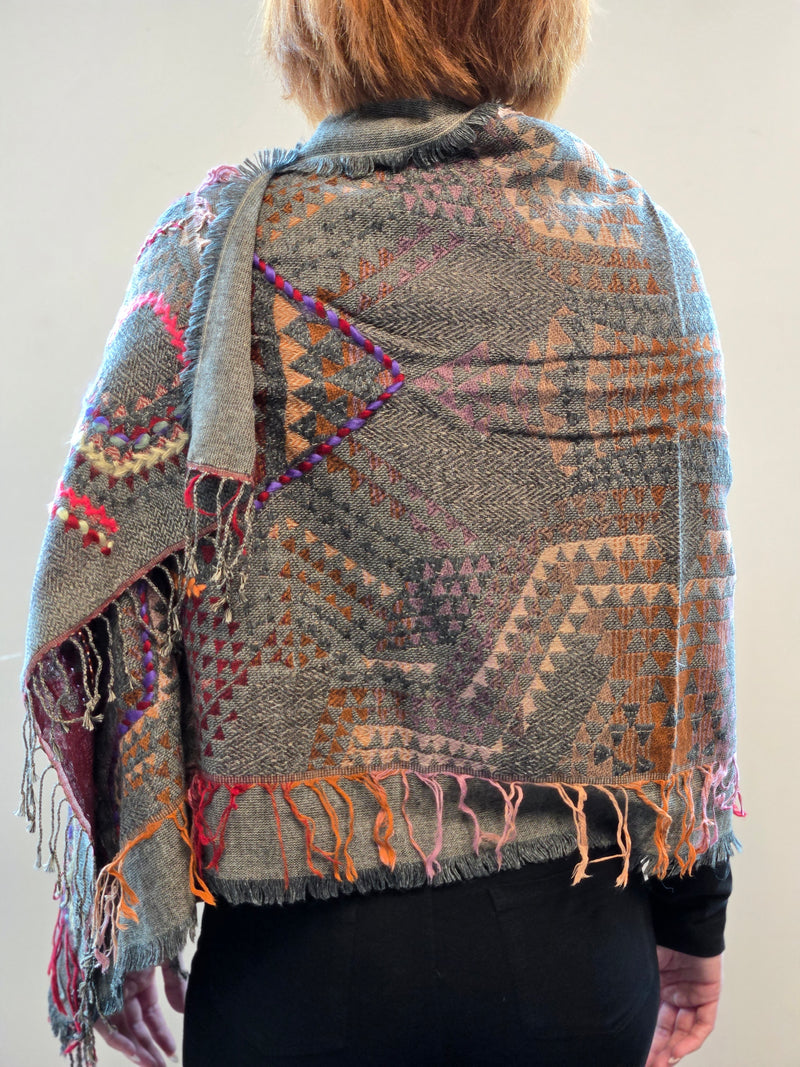 Brushed Boiled Wool Shawl with embroidery.