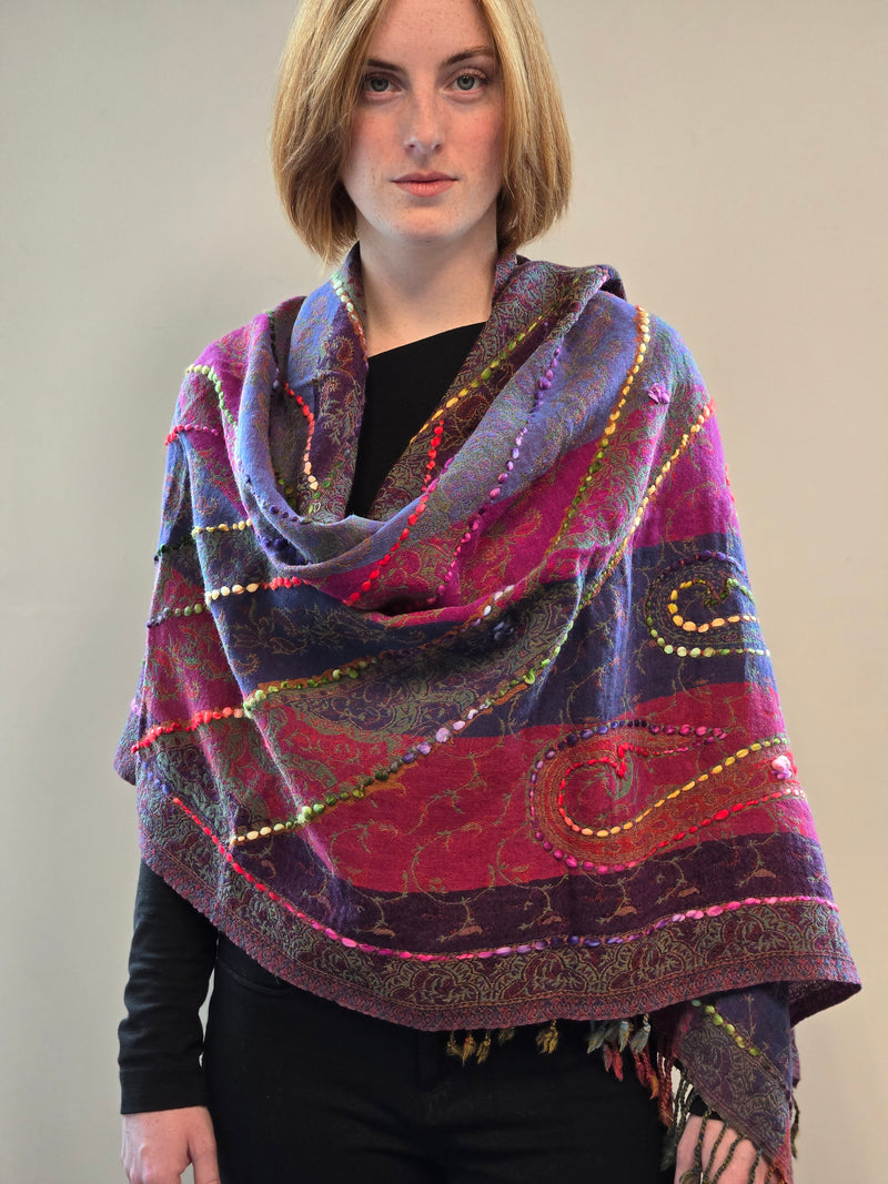 Brushed Boiled Wool Shawl with embroidery.