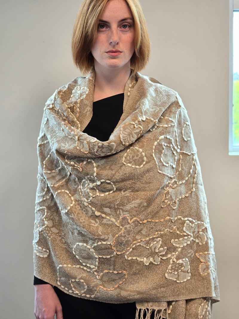 Brushed Boiled Wool Shawl with embroidery.