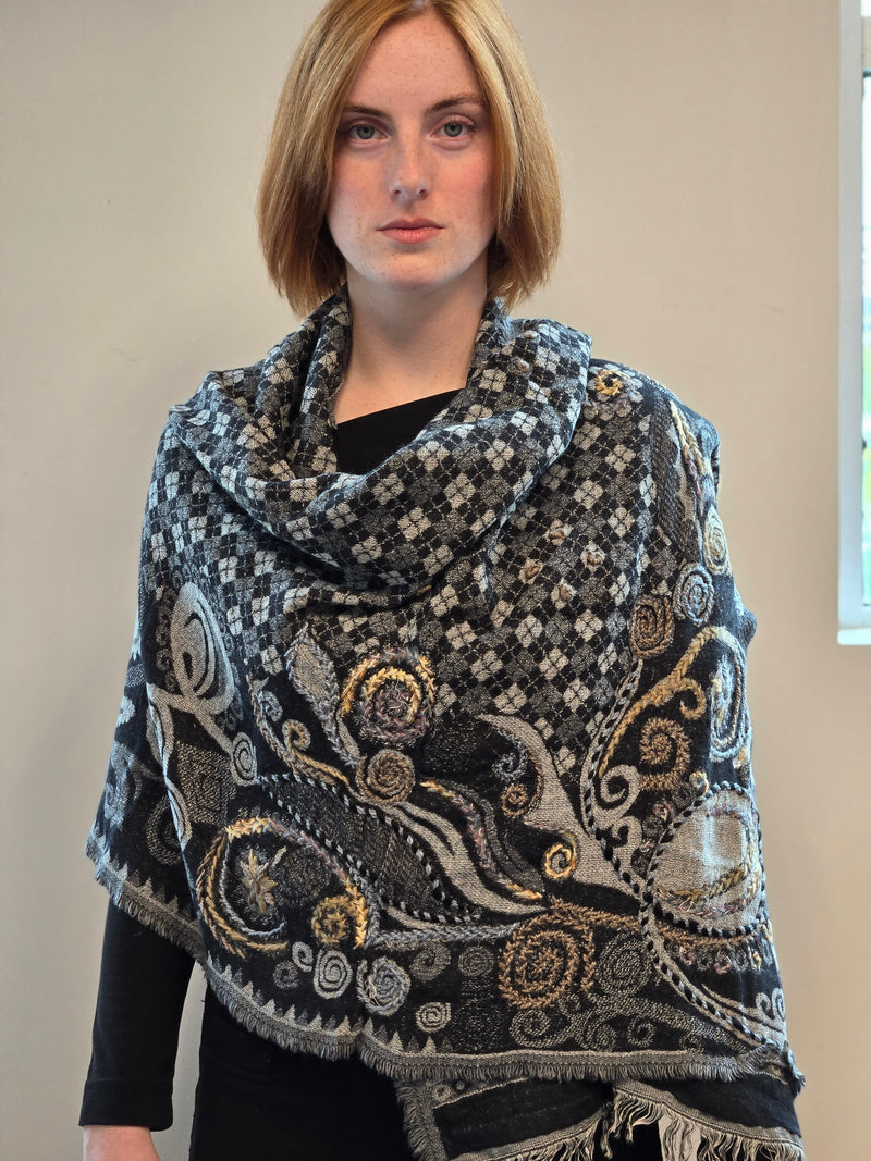 Brushed Boiled Wool Shawl with embroidery.