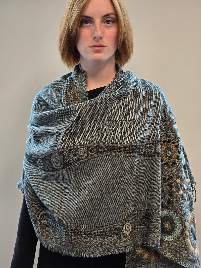 Brushed Boiled Wool Shawl with embroidery.