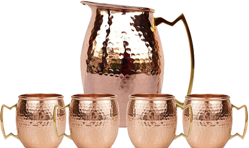 Copper Moscow Mule Inspired Hammered Pitcher With  4 Mugs