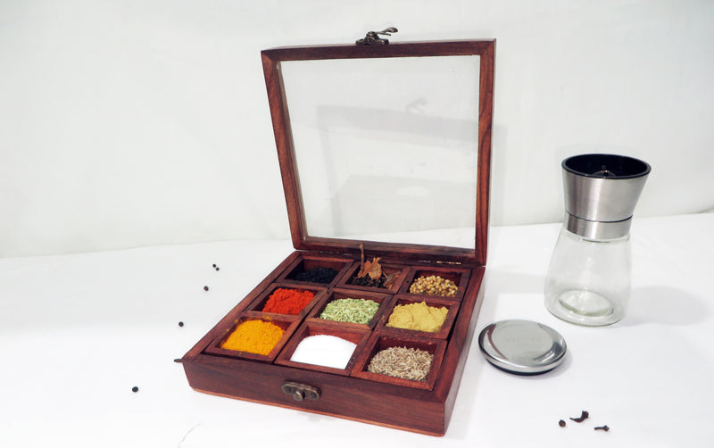 Sheesham Wood Masala Box With 9 Compartments